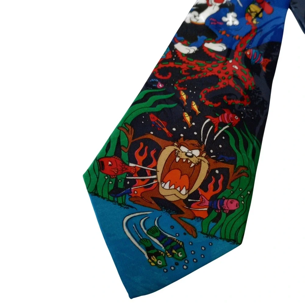 Vintage 1993 Looney Tunes Mania Scuba Diving Taz Sylvester Bugs Bunny Tie Blue